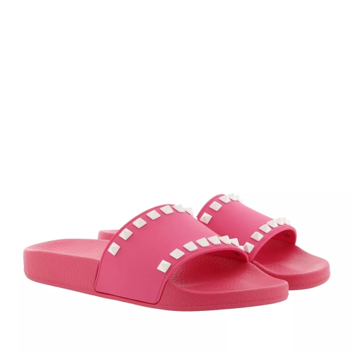 Valentino Garavani Rockstud Flat Pool Sandals Pink/White Slip-in skor