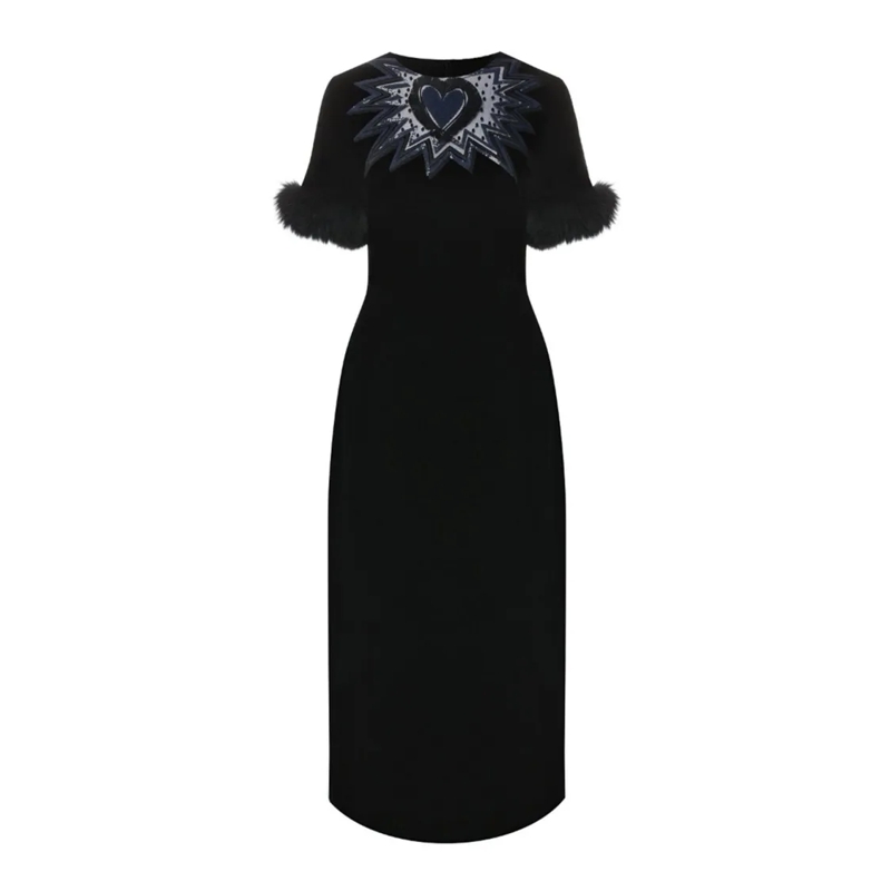 Fendi Robe midi Fur Trim Velvet Midi Dress Black