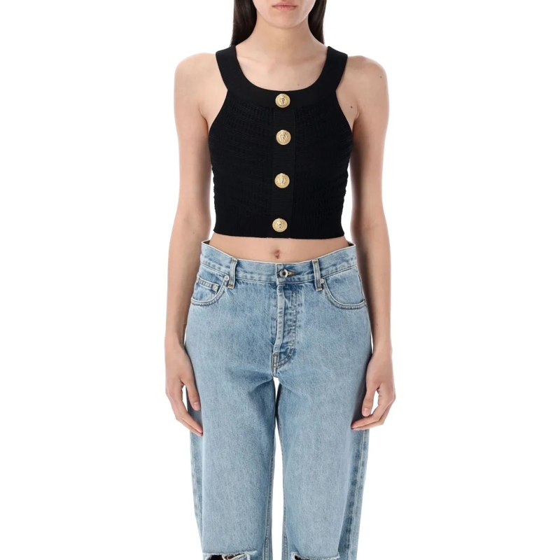 Balmain Bluse Knit Top With Gold Buttons Blue