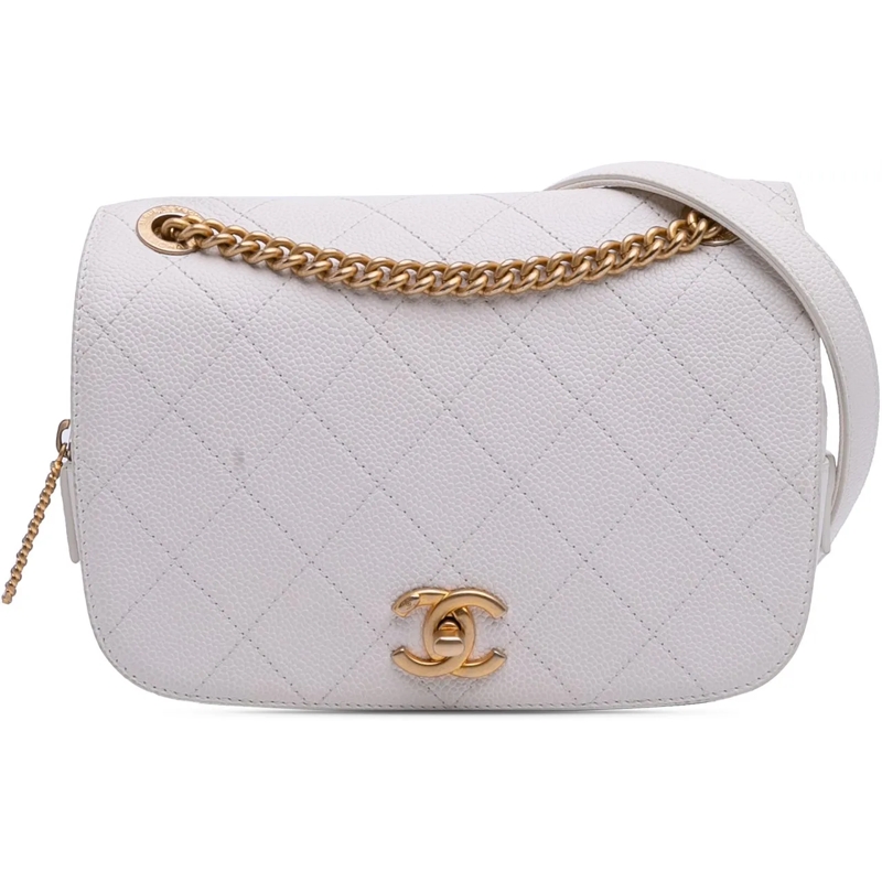 Chanel Schultertasche CC Quilted Caviar Turnlock Full Flap weiß