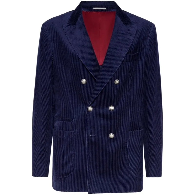 Brunello Cucinelli Blazer Textured Corduroy Double-Breasted Jacket Blue