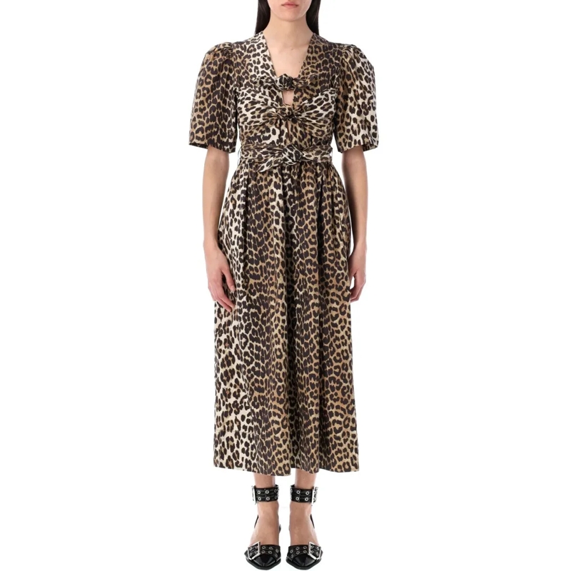 GANNI Midikleid Leopard Printed Tie Strap Midi Dress Brown