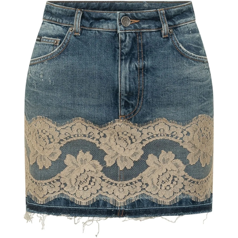 Dolce&Gabbana Minirock Gonna 5 Tasche in Denim con Inserto in Pizzo blau