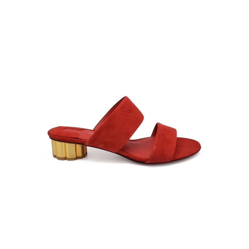 Salvatore Ferragamo Mules Red Suede Mules With Golden Flower Heel Red