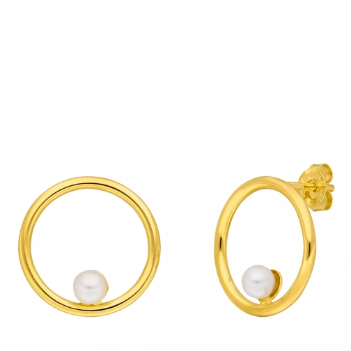 Leaf Studs Circle with Pearl Yellow Gold Ohrstecker