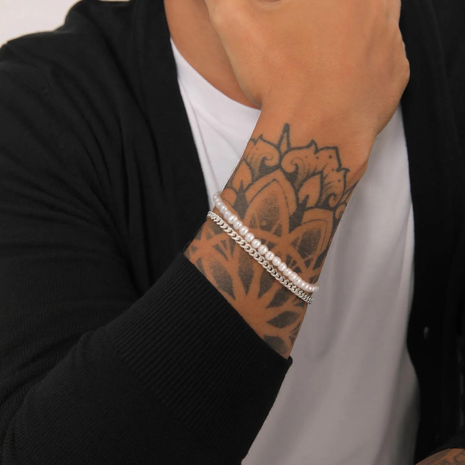 Thumbnail - Kuzzoi Armbänder - Armband Set Panzerkette Süßwasserzuchtperlen Weiß - Gr. 21 CM - in Silber - für Damen