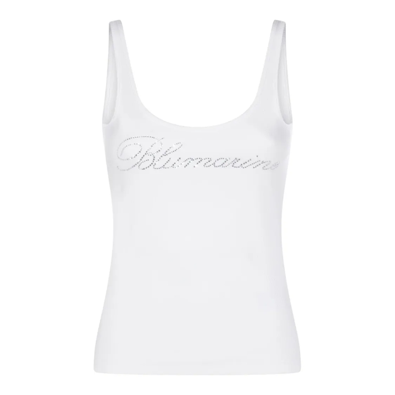 Blumarine Bluse White Cotton Sleeveless Top With Rhinestone Logo White