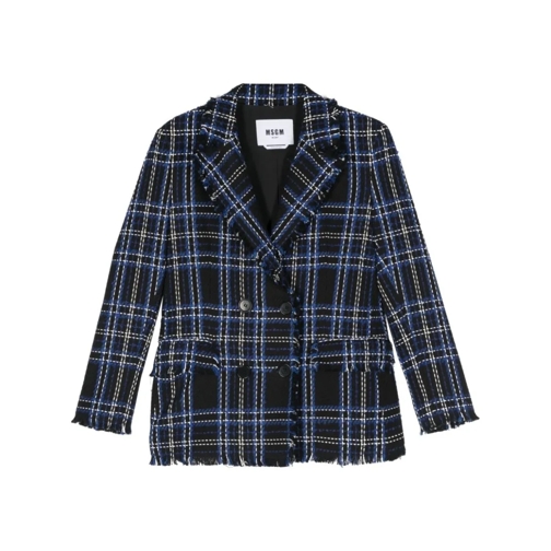 MSGM Blazer Royal Blue/Black/White Tartan Print Double-Breaste Blue