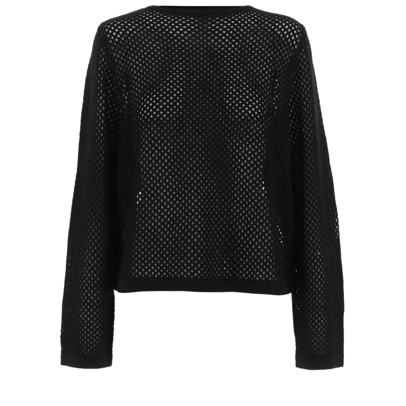 Allude Pullover Geometric Openwork Knit Sweater With Curved Hem Black