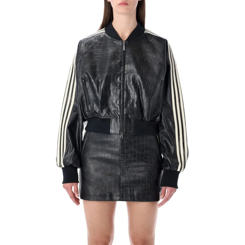 Adidas Blouson aviateur Originals Black Faux Leather Cropped Bomber Jacket Black