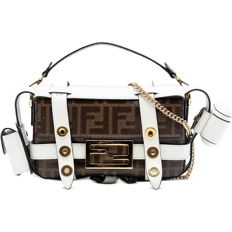 Fendi Schultertasche Mini Zucca Glazed Fabric Cage Baguette Satchel braun