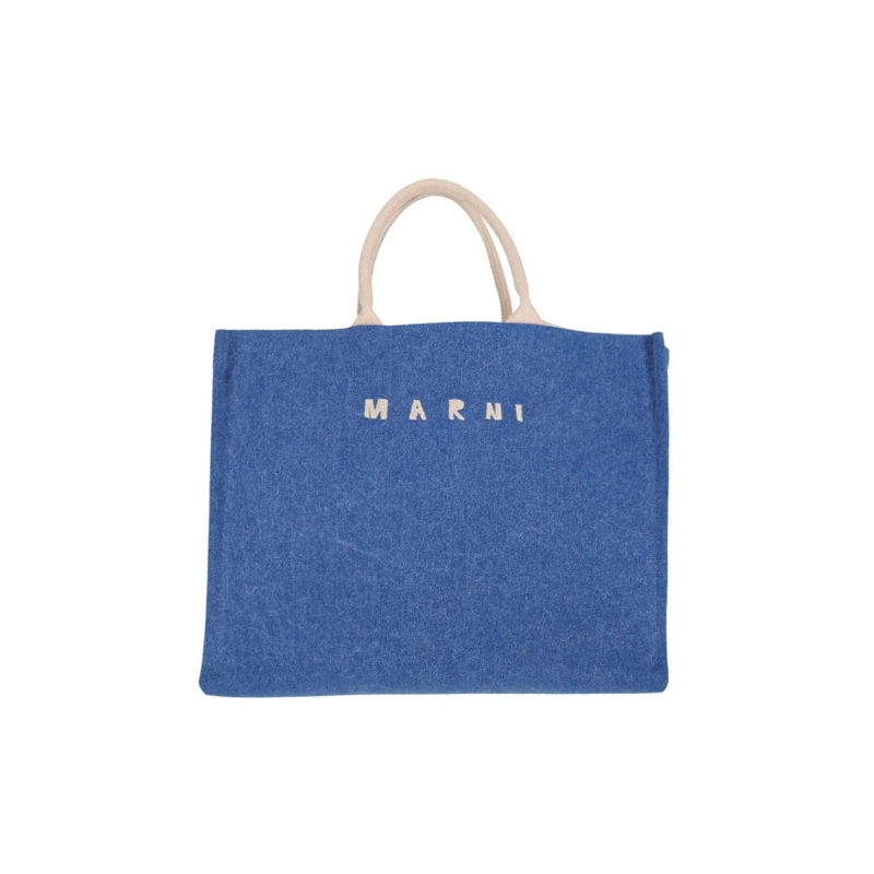 Marni Draagtas Rectangular Denim Tote Bag With Design Blue