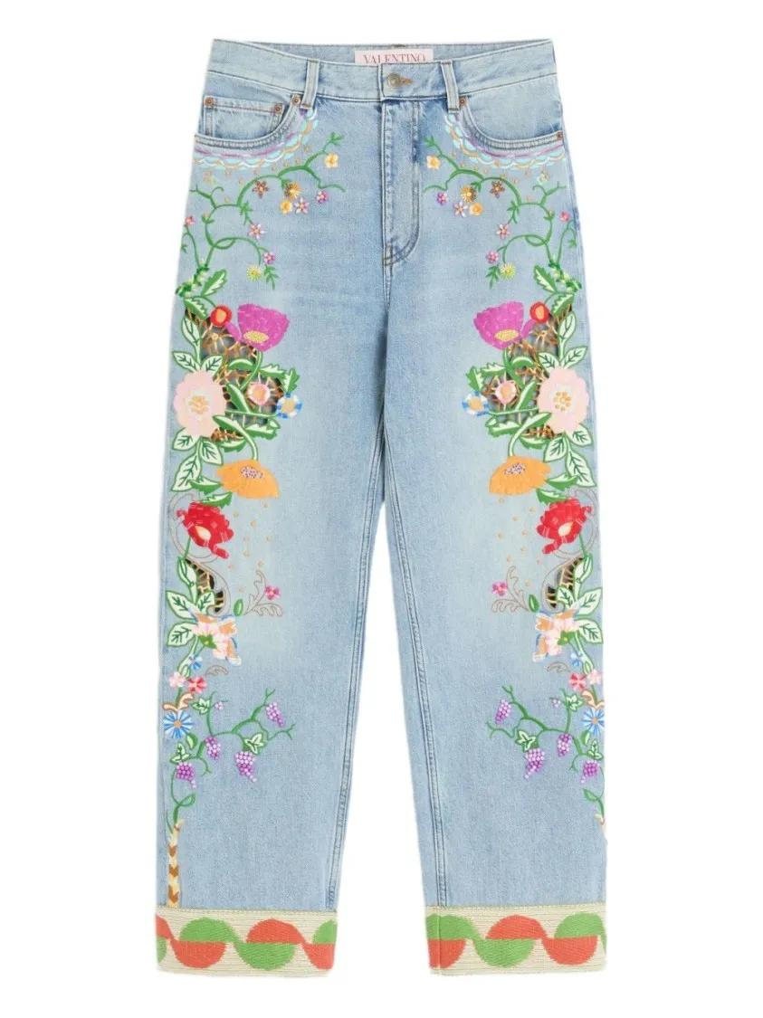 Thumbnail - Valentino Garavani - Light Blue Cotton Jeans With Floral Embroidery - Größe 26 - blau