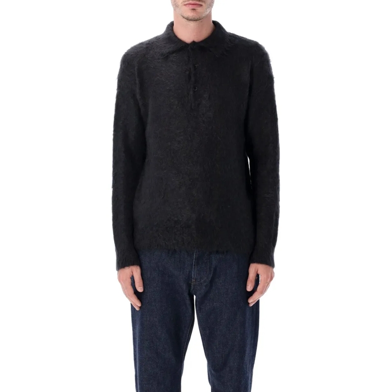 AURALEE Pullover Brushed Super Kid Mohair Knit Relaxed Polo Black