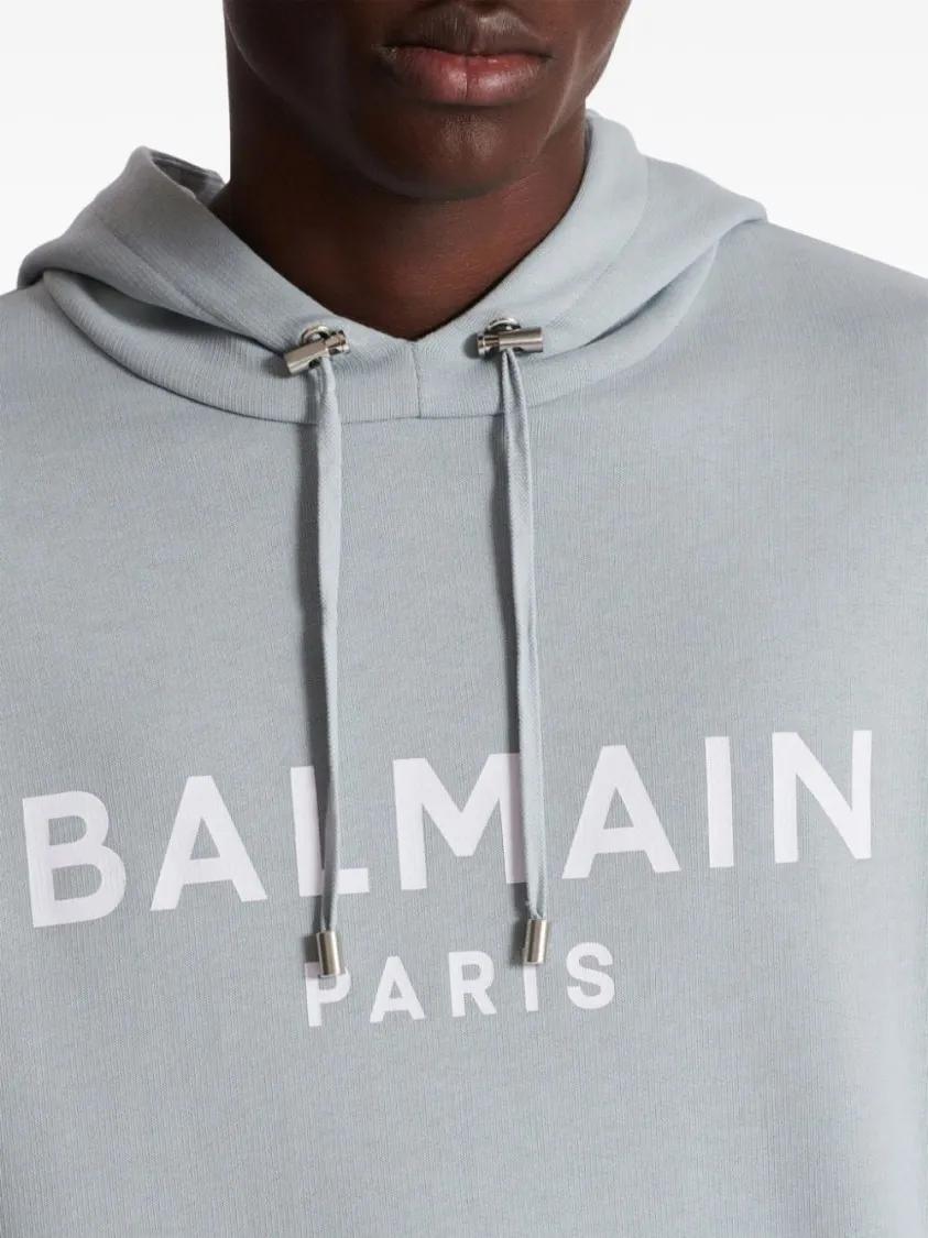 Balmain Logo Print Cotton Hoodie Grey Hoodie