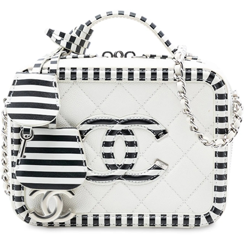 Chanel Schultertasche Small Caviar Striped CC Filigree Vanity Case weiß