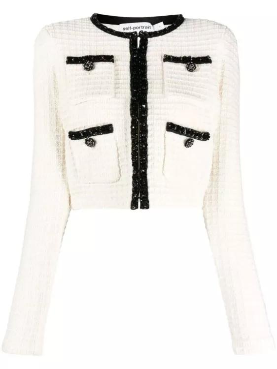 self-portrait - Waffle-Knit Cropped Jacket - Größe M - white