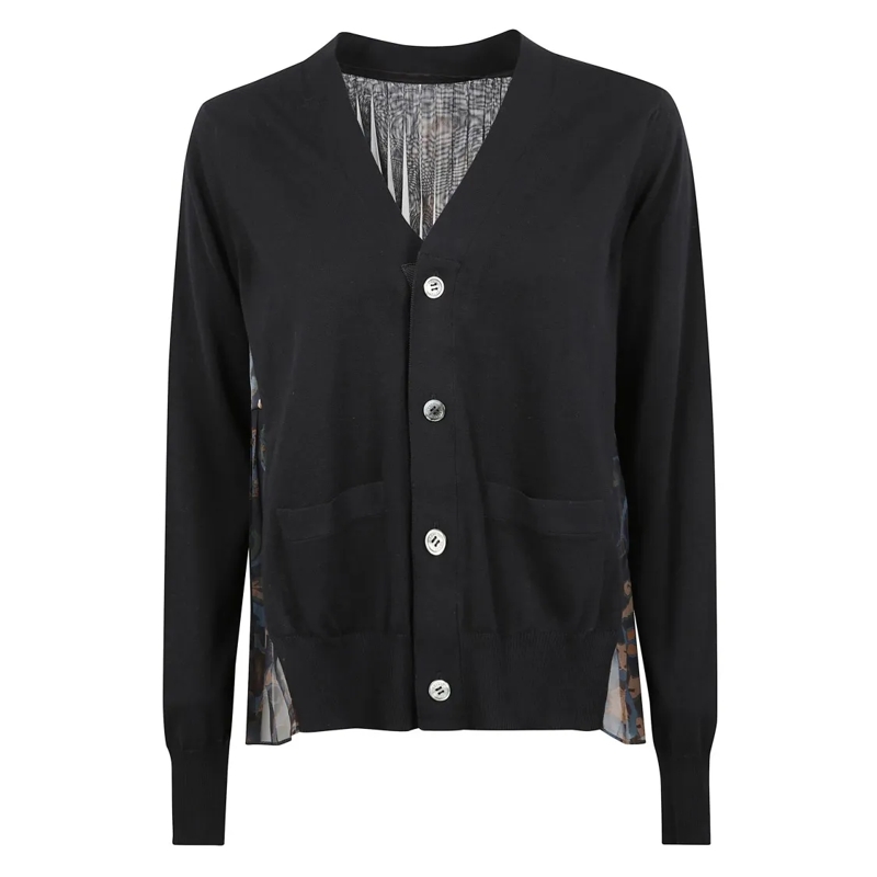 Sacai Strickjacke Knit Wool Cardigan With Pleated Chiffon Back Black