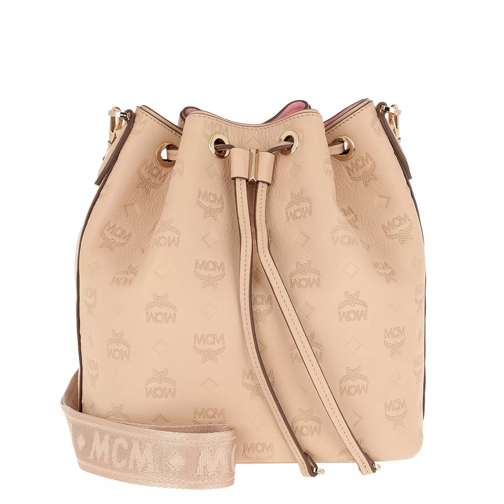 MCM Essential Monogrammed Leather Drawstring Small Hobo Bag Latte Beige Bucket Bag