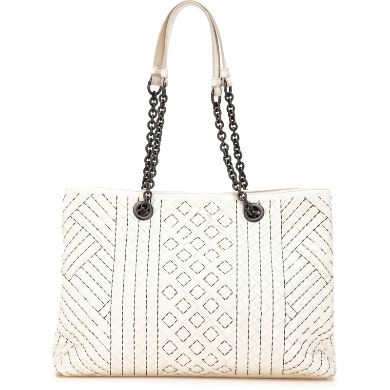 Bottega Veneta Shopper Medium Intrecciato Stitched Double Chain Tote weiß