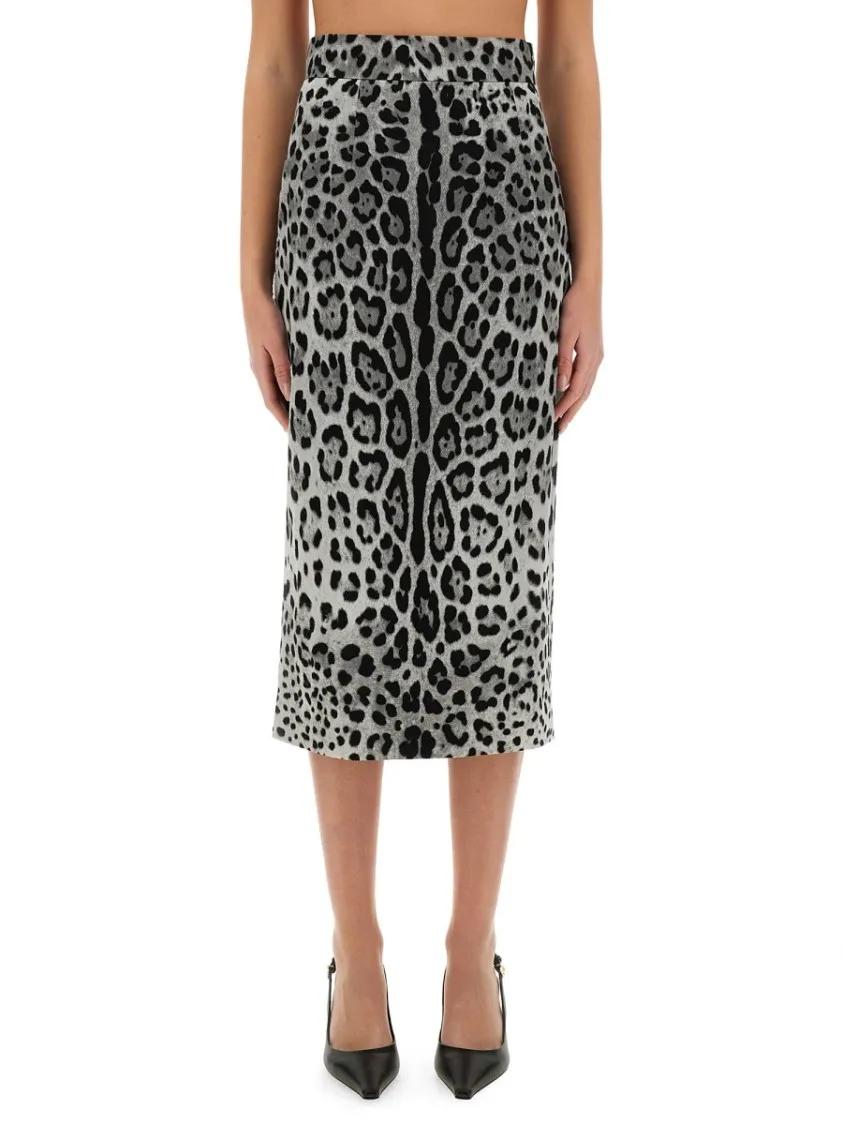 Thumbnail - Dolce&Gabbana - Leopard Print Charmeuse Longuette Skirt - Größe 42 - schwarz