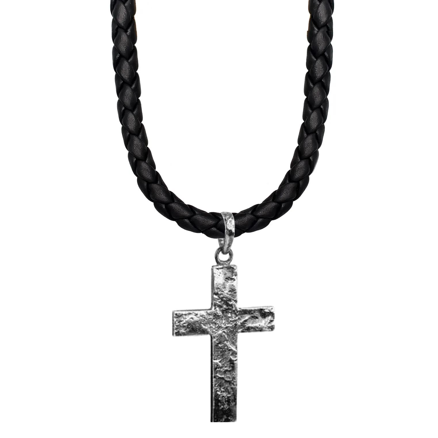 Kuzzoi Halsketten - Halskette Männerkette Kreuz Oxidiert Leder 925 Sil - Gr. unisize - in Silber - für Damen