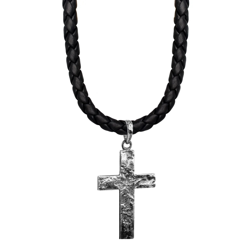 Kuzzoi Mittellange Halskette Halskette Herren Kreuz Oxidiert Leder in 925 Sterl silber