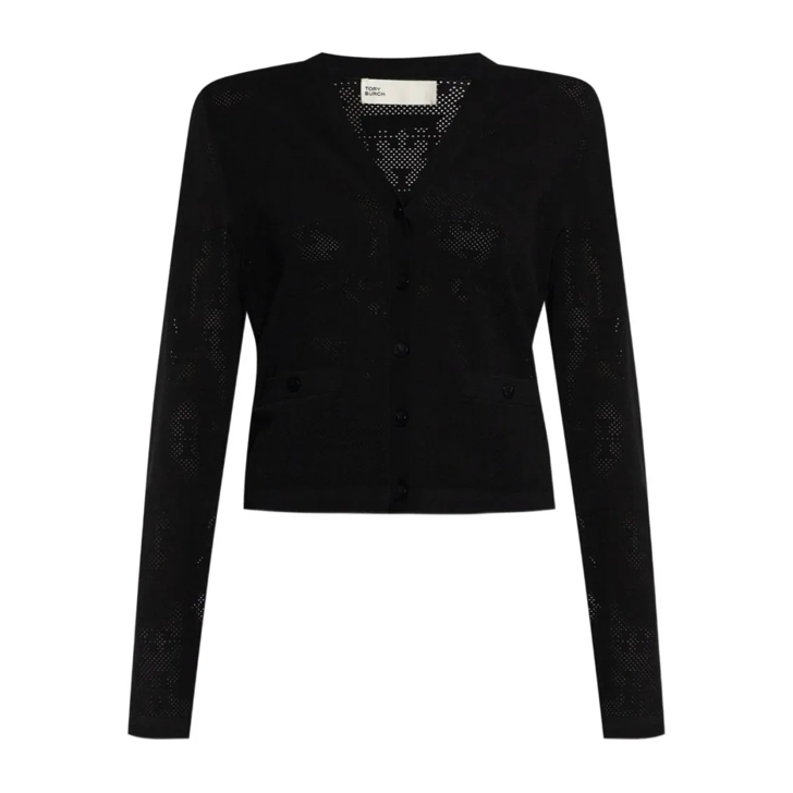 Tシャツ・カットソー Tory Burch Textured Black Button Front Top With V-Neckline Tory Burch Textured Black Button Front Top With V-Neckline