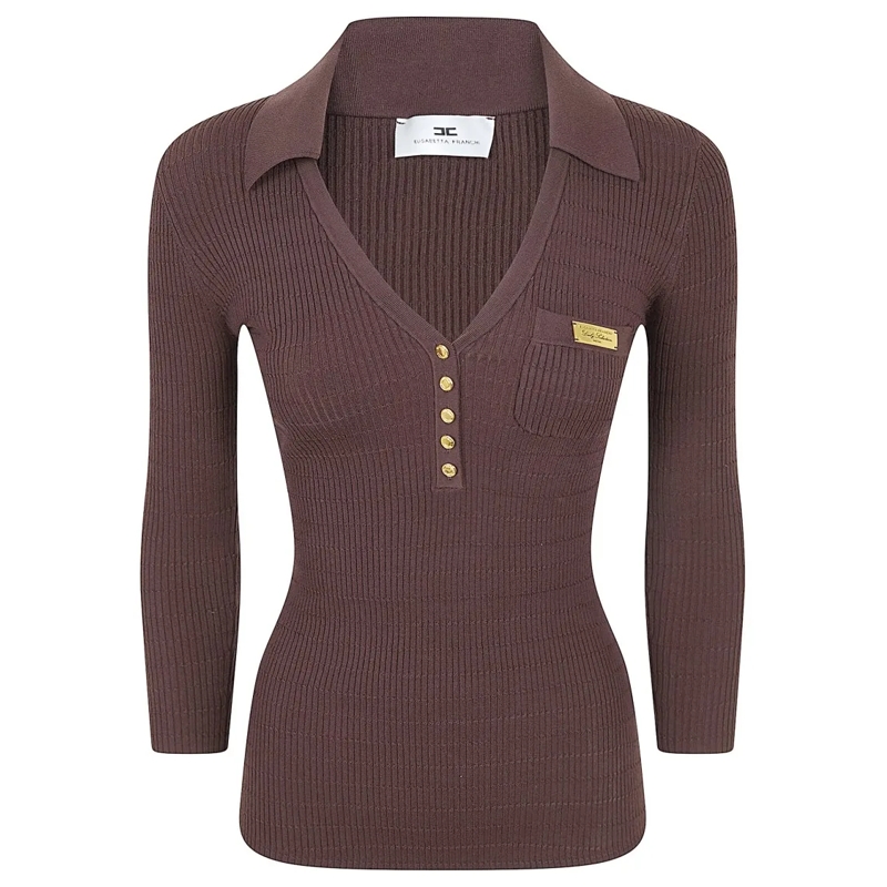 Elisabetta Franchi Pullover Ribbed Knit Sweater With Deep V-Neck And Gold Acce Grey