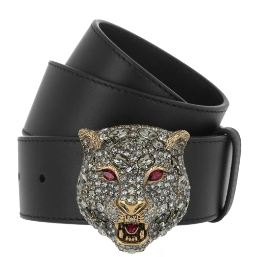 Gucci Leather Belt with Crystal Feline Head Black/Gold Läderskärp