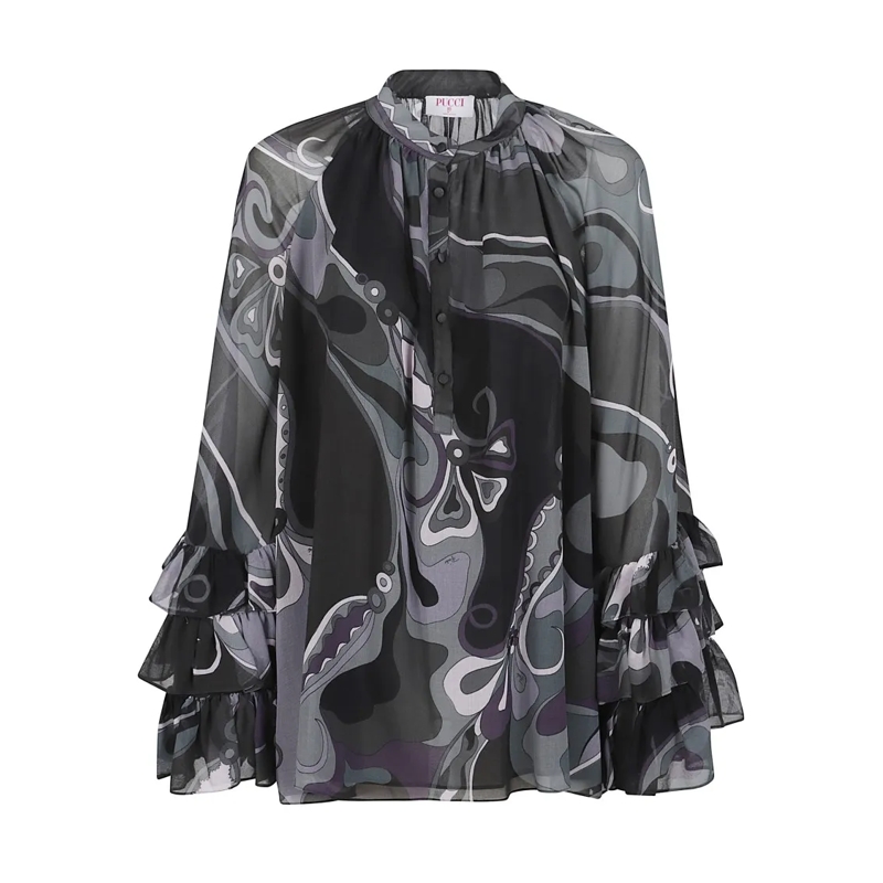 Emilio Pucci Blouse Sheer Silk Blouse With Abstract Swirling Pattern Black