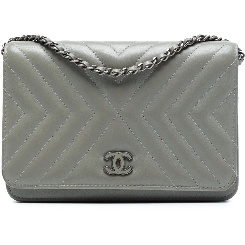 Chanel Sac à bandoulière Diagonal Chevron Calfskin Tassel Wallet On Chain grau