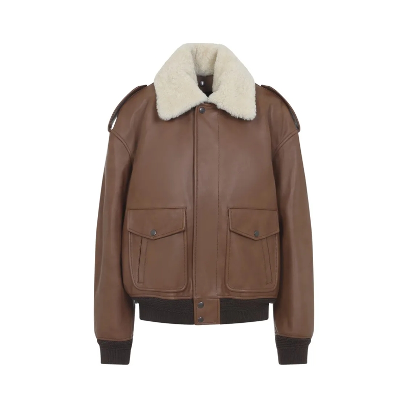 Saint Laurent Leren jas Brown Calf Leather Jacket With Shearling Collar Brown