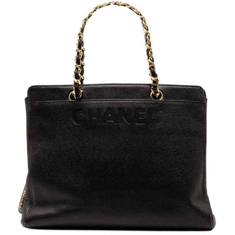 Chanel Shopper Caviar Logo Chain Tote schwarz