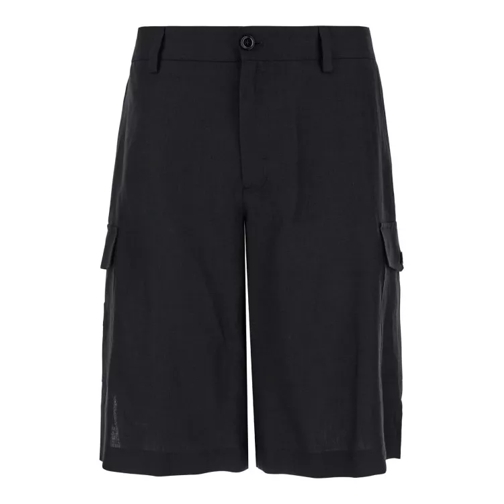 Dolce&Gabbana Black Bermuda Shorts With Logo Patch In Linen Black 