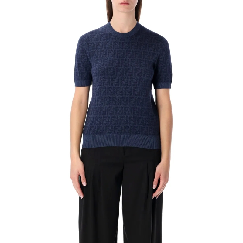 Fendi Trui Fitted Wool-Silk Jacquard Jumper With Iconic Ff Mo Blue