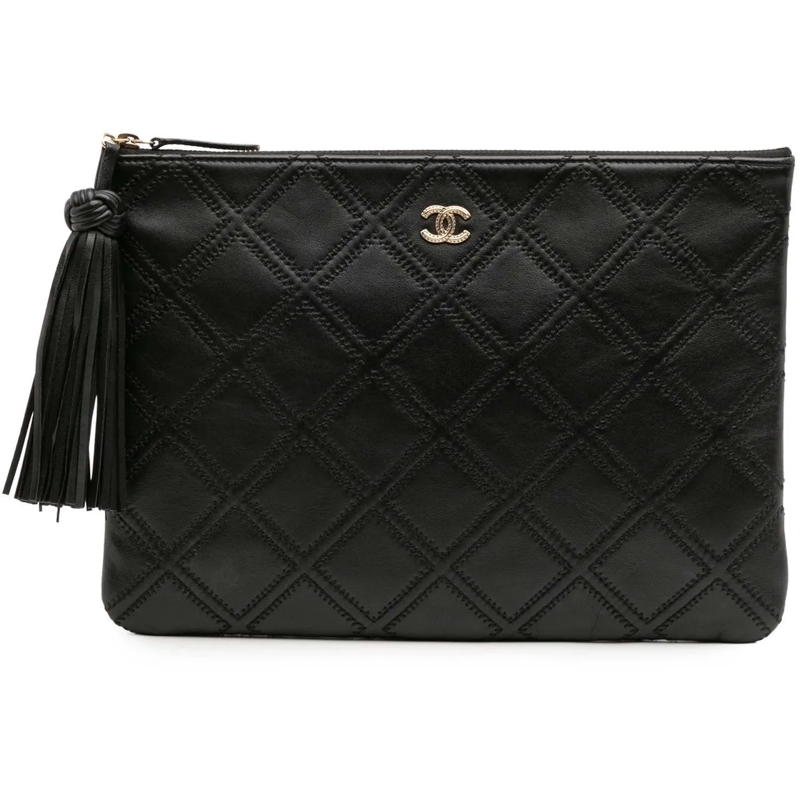 Chanel Pochette Medium Quilted Lambskin Double Stitch Tassel O Cas schwarz
