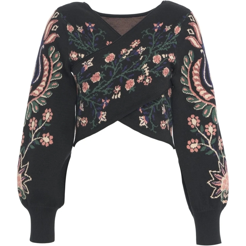 Farm Rio T-shirt Knitted top with floral pattern schwarz