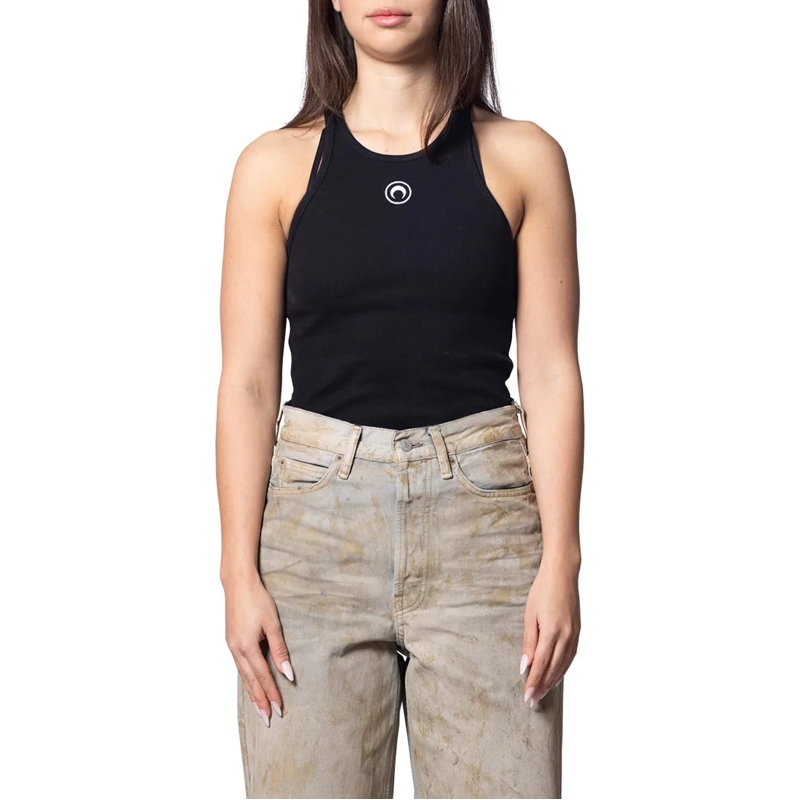 Marine Serre T-shirt MOON LOGO RIBBED JERSEY TANK TOP BLACK schwarz