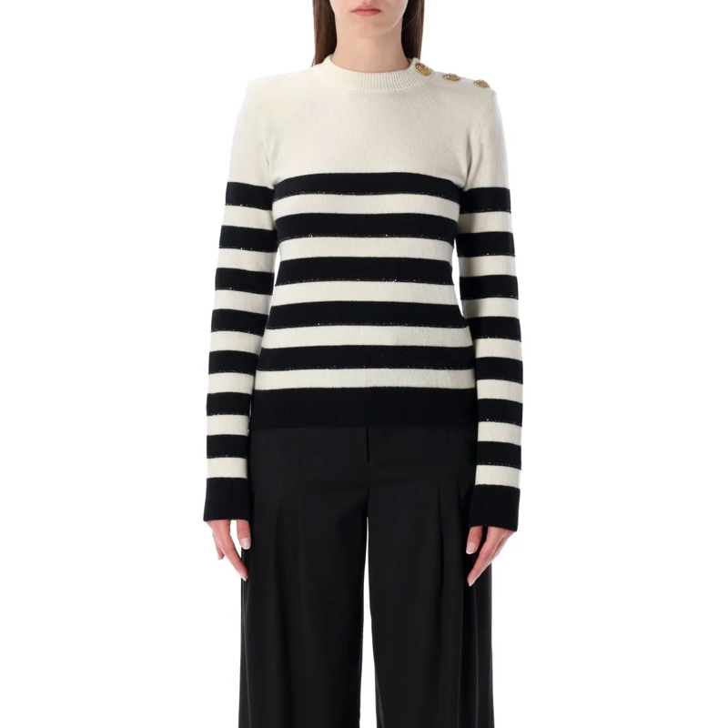 Balmain Trui Striped Wool Cashmere Buttoned Jumper Black