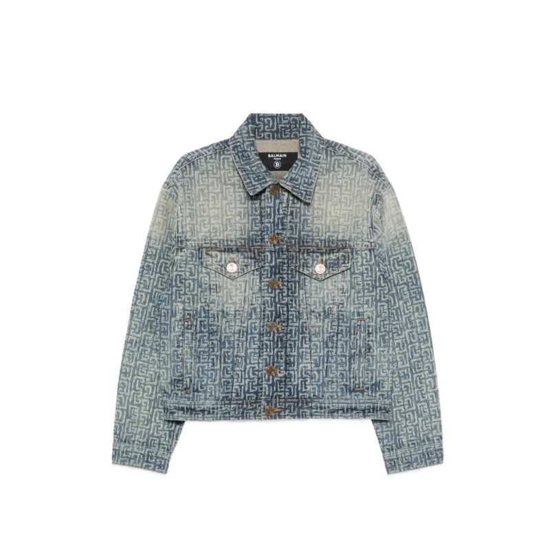 Balmain Jeansjacke Faded Denim Jacket With Monogram Pattern Blue
