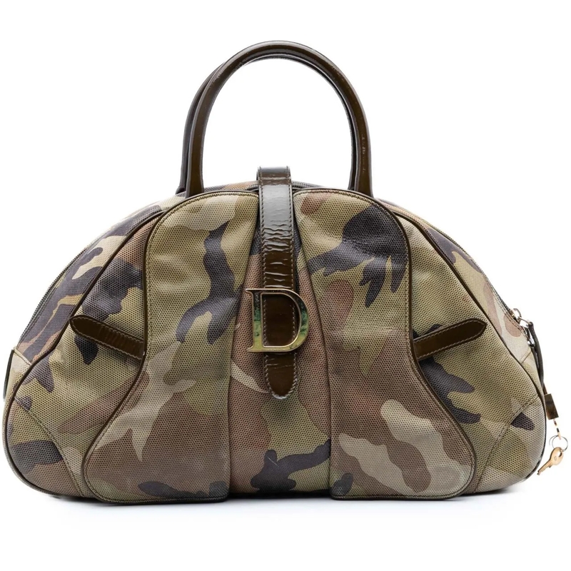 Christian Dior Tote Camouflage Coated Canvas Double Saddle Bowler Bag grün