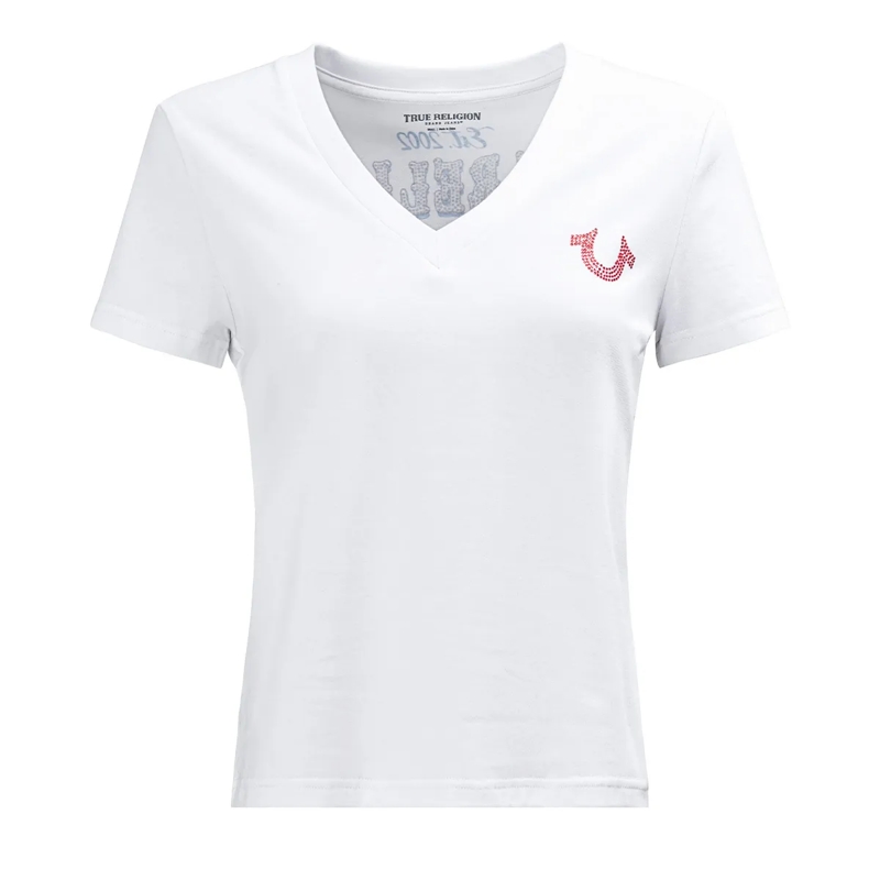 True Religion T-Shirt - T-Shirt- V-Ausschnitt- Markenlogo auf Front-  weiss