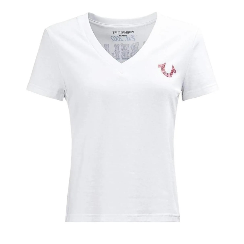 True Religion T-Shirt - T-Shirt- V-Ausschnitt- Markenlogo auf Front-  weiss