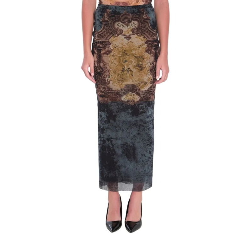 Jean Paul Gaultier Minirok Long Skirt With Black Médaillon Print Brown