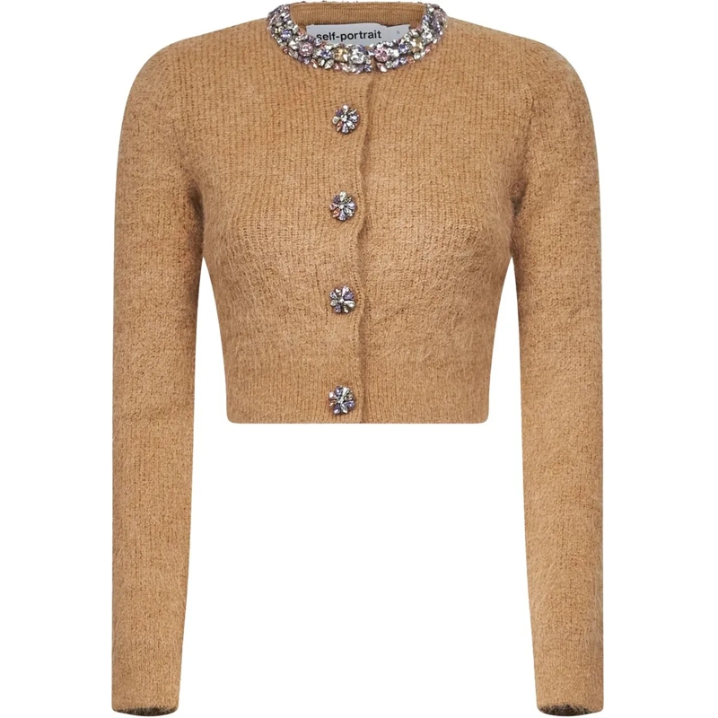 Self Portrait  Cropped Brown Cardigan With Sparkling Accents Neutrals