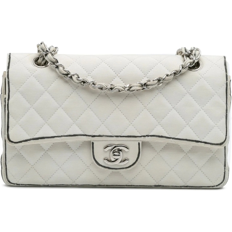 Chanel Sac à bandoulière Medium Classic Printed Grosgrain Double Flap weiß