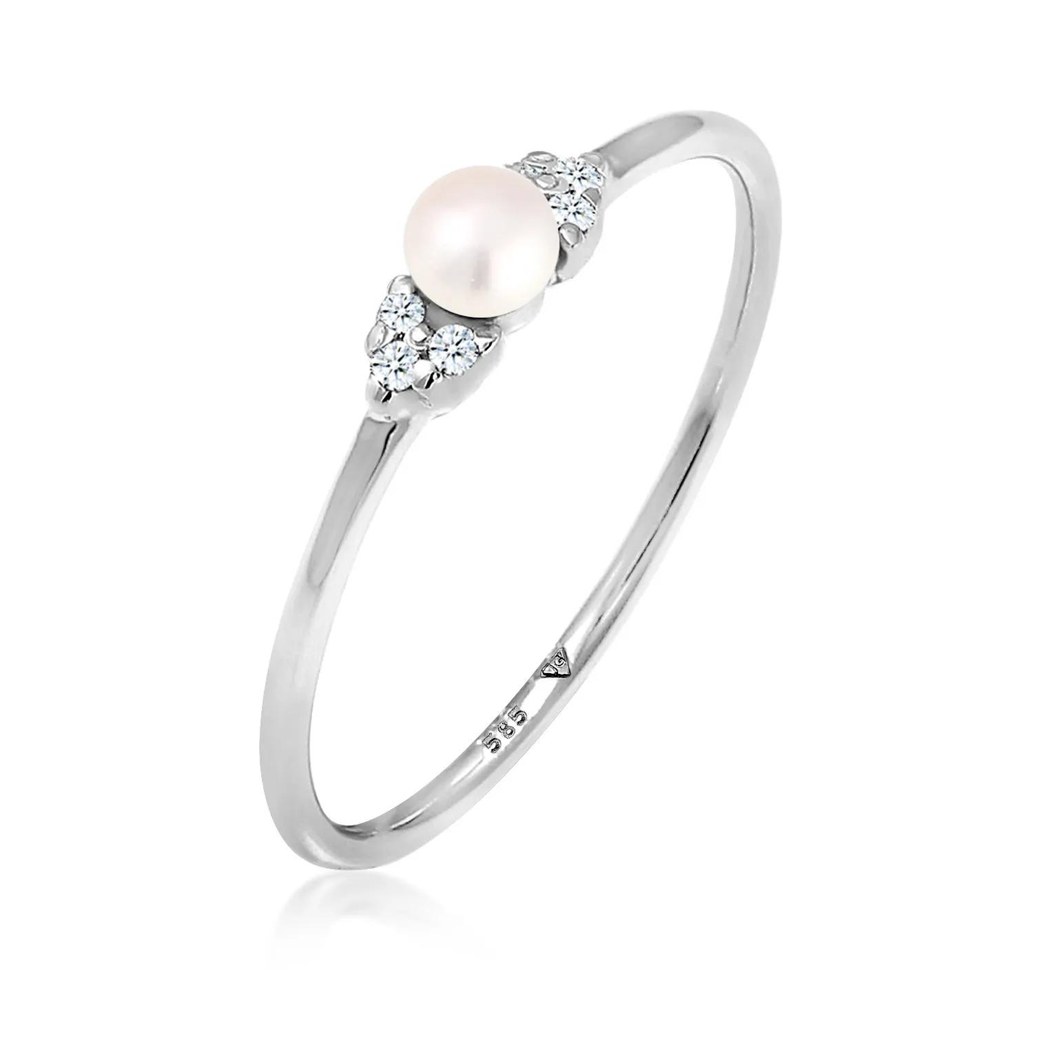 Elli Ringe - Ring Verlobung Perle Diamant (0.03 ct.) 585 Weißgo - Gr. 52 MM - in Weiß - für Damen