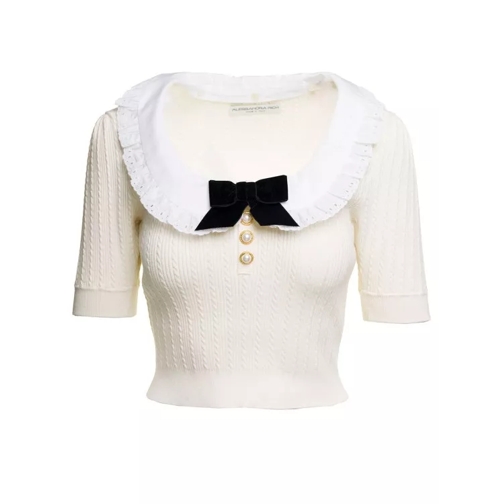 Alessandra Rich White Knitted Jumper With Bow Detail In Cotton Ble White 