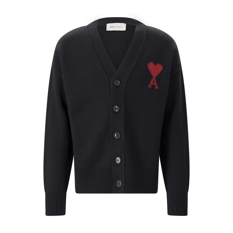 AMI Paris Strickjacke Heather Black Wool Cardigan With V-Neck And Signat Black(Image 2)